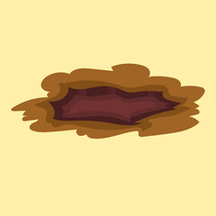 Big hole cartoon illustration. Big hole in ground. Brown dry soil and mine. Element of desert landscape. Cartoon illustration.  Ground pits. Big dig pit soil, earth hole mud land surface garden forest