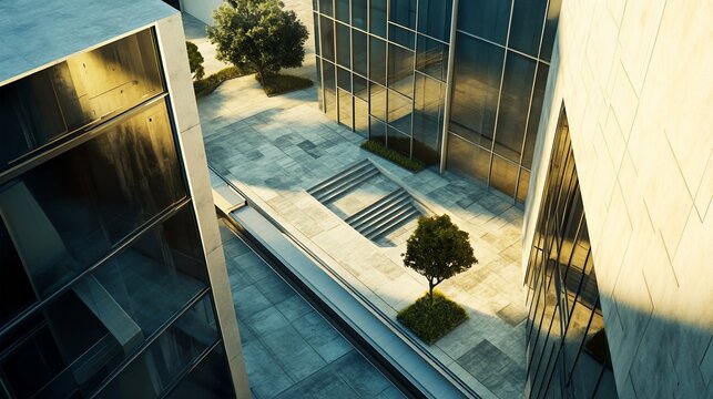 High-angle view of modern buildings with a courtyard and small trees bathed in sunlight