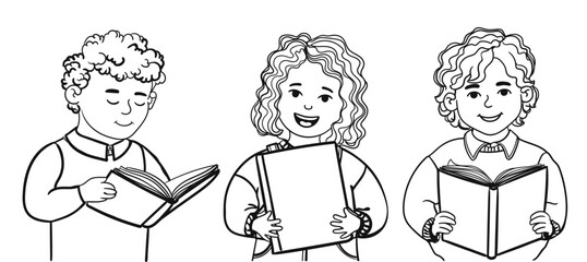 Vector Black Outline Set of Illustration of Cute Children with Books in Their Hands Isolated on White Background