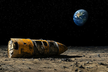 Abandoned, derelict spacecraft resting on the lunar surface, contrasted against Earth.