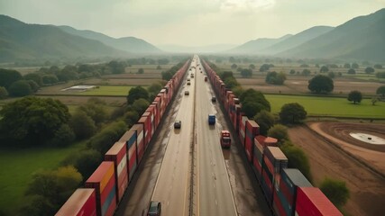 Highway lined with shipping containers symbolizing the downturn during the trade war