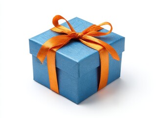 Obraz premium Blue gift box with orange ribbon on white background