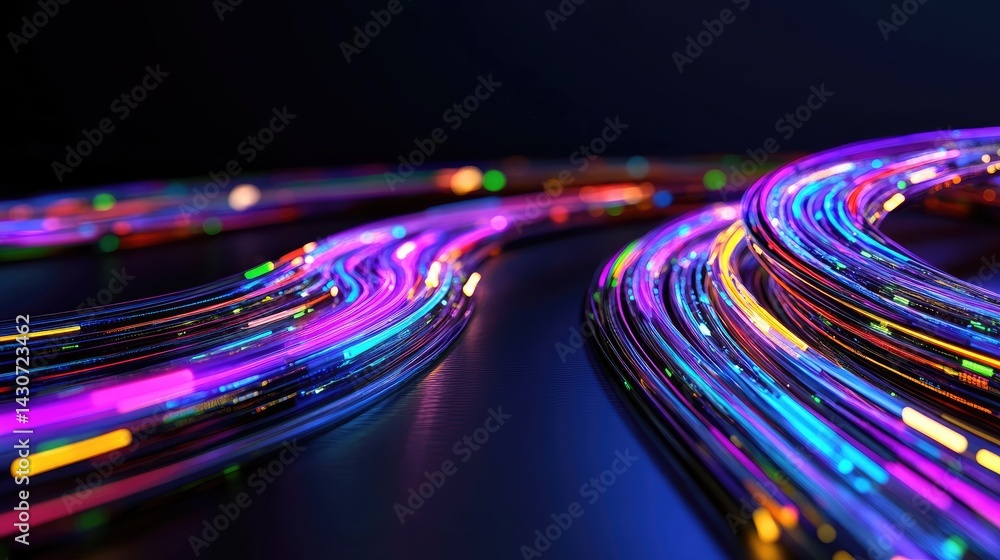 Poster neon data highway in cyberspace, glowing trails speeding through digital space