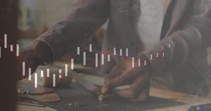 Male artisan using awl on leather in workshop showcasing financial candlestick chart overlays