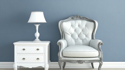 Elegant white furniture complements a calming gray wall.