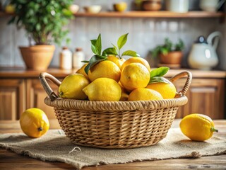 Minimalist Lemon Photography: Vibrant Citrus in Woven Basket Kitchen Still Life