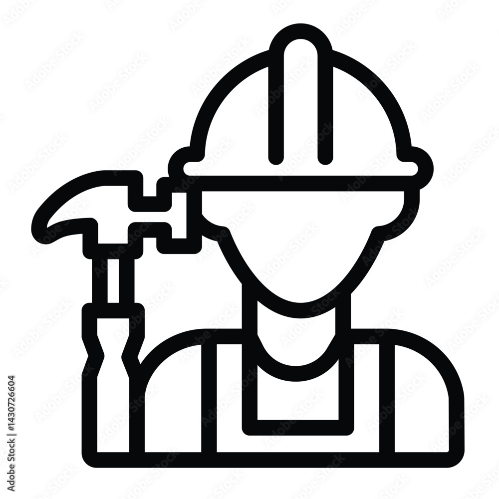 Poster builder man and hammer line icon, construction concept. vector graphics. worker with hammer tool sig