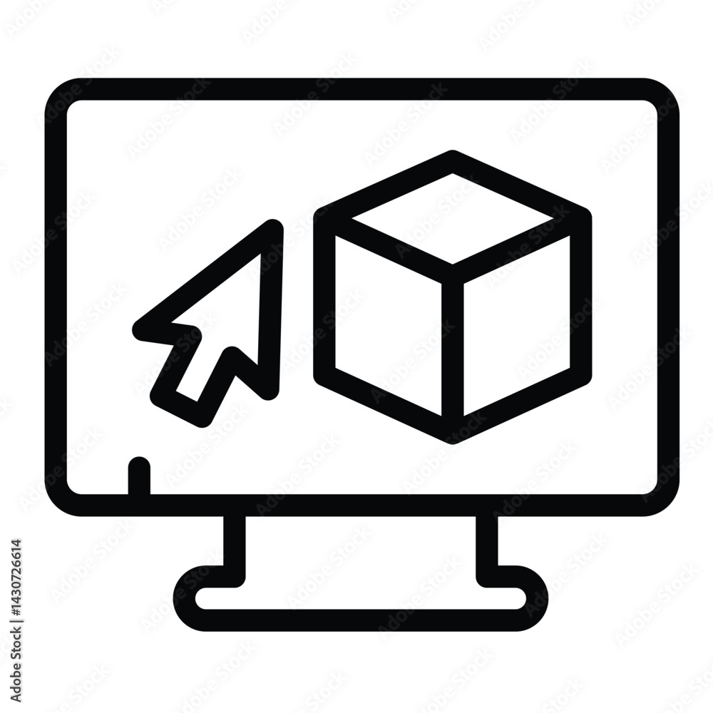 Fototapete Monitor with 3D square and cursor pointer line icon, architect studio concept. Vector graphics. Display with 3D program sign on white background, style mobile or design.