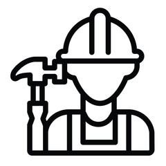 Builder man and hammer line icon, construction concept. Vector graphics. Worker with hammer tool sign on white background, style mobile or design.