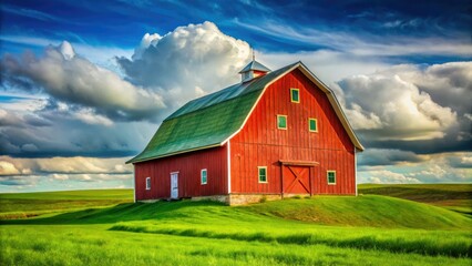 Fototapeta premium Minimalist Red Barn Photography: Green Roof, Cloudy Sky, Grassy Field - Rural Landscape Image