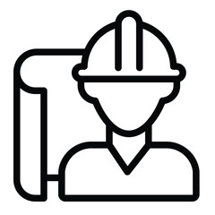 Architect man project paper line icon, architect studio concept. Vector graphics. Construction worker with project plan sign on white background, style mobile or design.