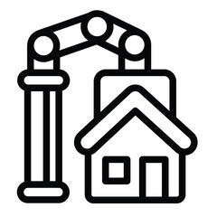 Assembled house and crane line icon, construction concept. Vector graphics. 3D printed cottage building sign on white background, style mobile or design.
