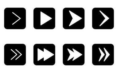 Set of cute and simple arrow icons in black and white, triangle, playback, fast forward (square button type)