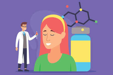Smiling woman receiving treatment, with colorful vial and scientist nearby holding syringe. Connection between science and beauty enhancement concept