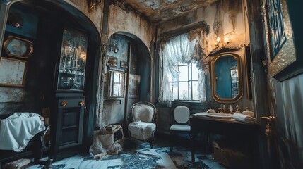 Decaying room interior with distressed walls, antique furniture, and natural light