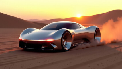Ancient Desert Meets Futuristic Car Under Twilight Skies