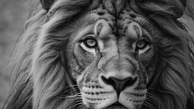 Close up lion portrait in dramatic black and white style emphasizing majesty strength courage wildlife symbolism leadership inspiration power