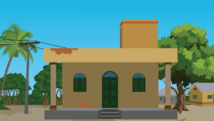 Indian traditional Zamindar house vector illustration. Asian village landscape isolated on a  white background