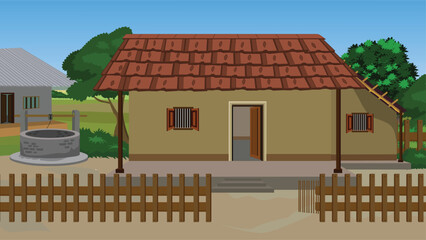 Rural house vector illustration for cartoon animation.An Indian house with a red roof and a well in front of it. The house has a wooden fence around it