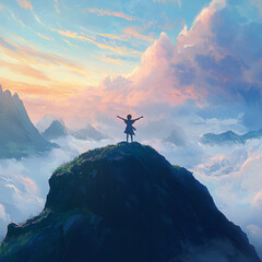 A person standing on a mountaintop with arms wide open