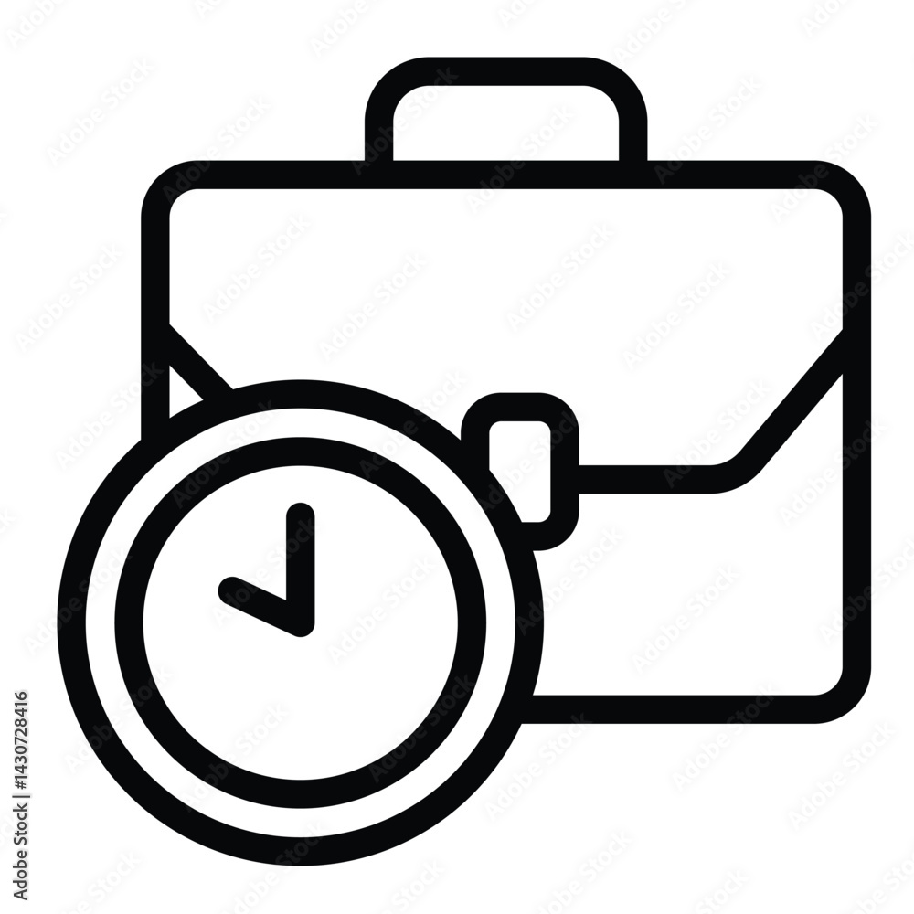 Poster briefcase with clock line icon, remote work concept. vector graphics. portfolio bag and task schedul