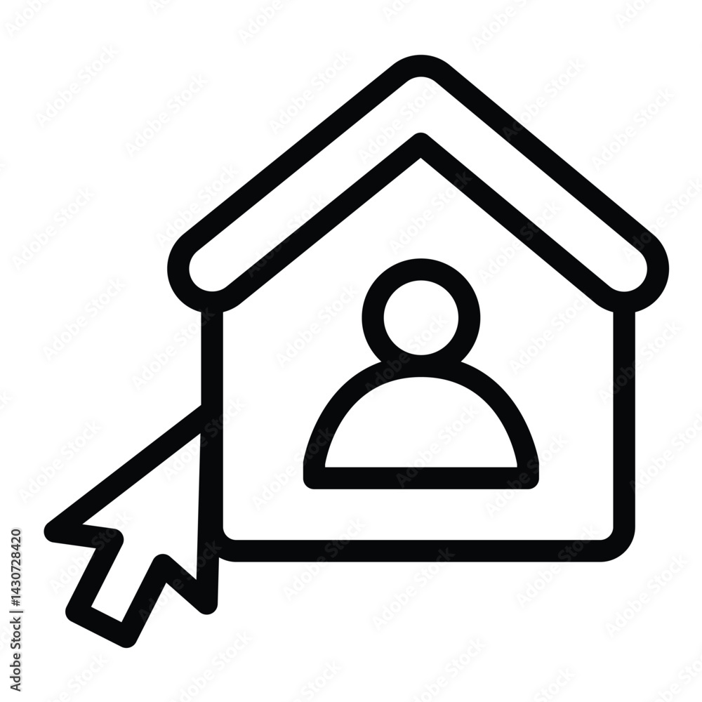 Poster home user and mouse cursor line icon, remote work concept. vector graphics. user house with mouse po