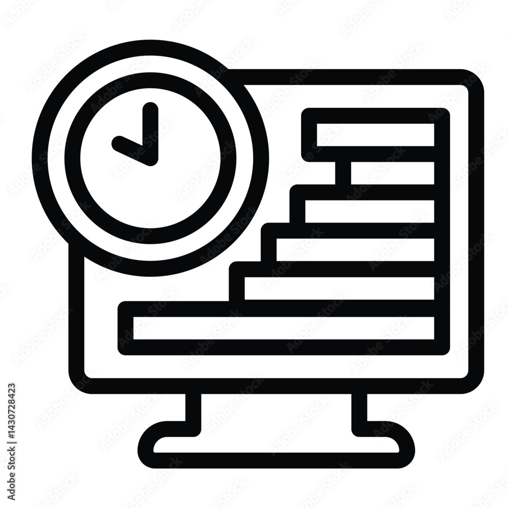 Aufkleber monitor screen with chart and clock line icon, remote work concept. vector graphics. market job, tas