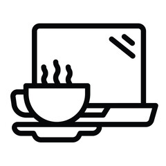 Hot coffee cup and laptop line icon, remote work concept. Vector graphics. Time to relax, coffee break sign on white background, style mobile or design.