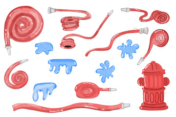 Watercolor Red fire hose illustration. Red rolled firefighter hose isolated on the white background
