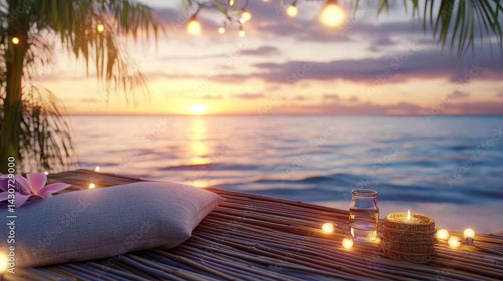 Poster sunset over the ocean with bamboo platform and cozy string lights glowing in the sea breeze
