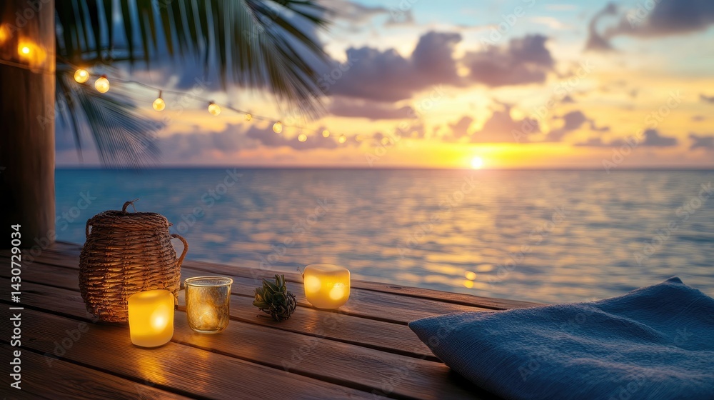 Poster sunset over the ocean with bamboo platform and cozy string lights glowing in the sea breeze