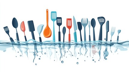 Assorted kitchen utensils submerged in water