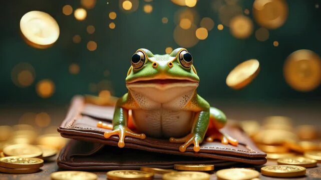 Cute green frog sitting on leather wallet surrounded by gold coins, symbolizing wealth, luck, and prosperity in whimsical fantasy setting, 4K, motion