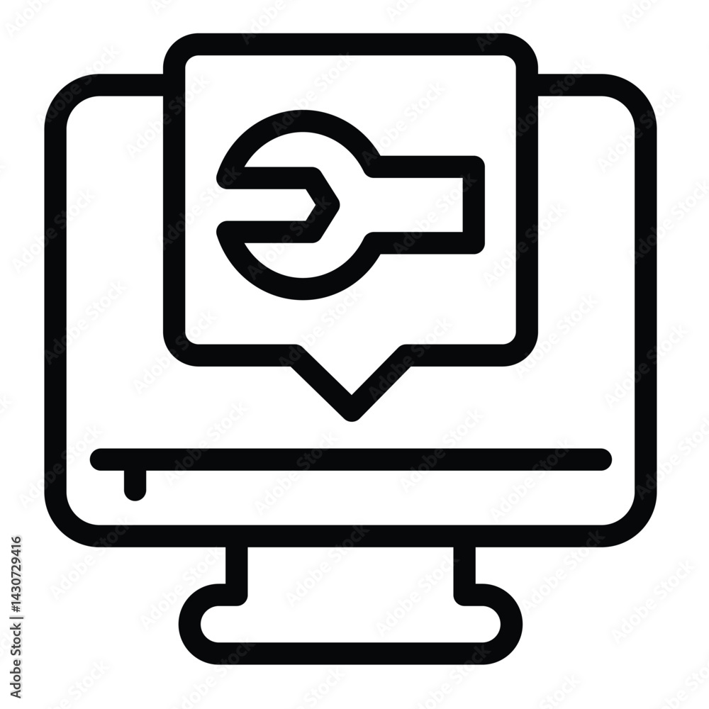 Poster monitor screen with wrench popup window line icon, repair service concept. vector graphics. computer