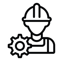 Builder man and cogwheel line icon, repair service concept. Vector graphics. Engineer gear, human with hat sign on white background, style mobile or design.