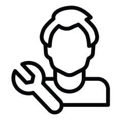 Mechanician guy and wrench line icon, repair service concept. Vector graphics. Master man with repair tool sign on white background, style mobile or design.