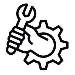 Cogwheel with wrench in hand line icon, repair service concept. Vector graphics. Human hand with wrench in cogwheel sign on white background, style mobile or design.