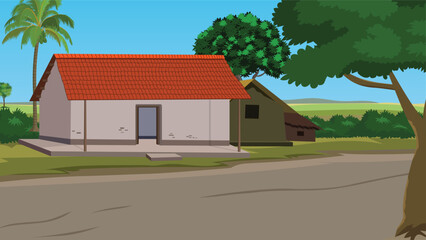 Indian rural house landscape with Huts with thatched roofs.Indian village road vector illustration
