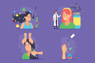 Women engaged in various beauty treatments, from hair washing to skincare routines. Doctor providing guidance on healthy practices. Self-care activities and wellness concept