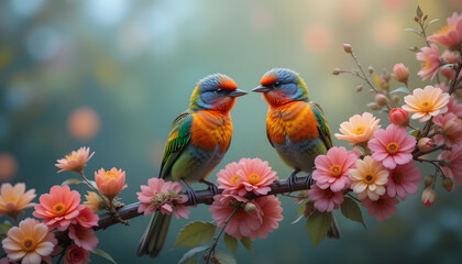 birds on a flower branch 4k pc wallpaper