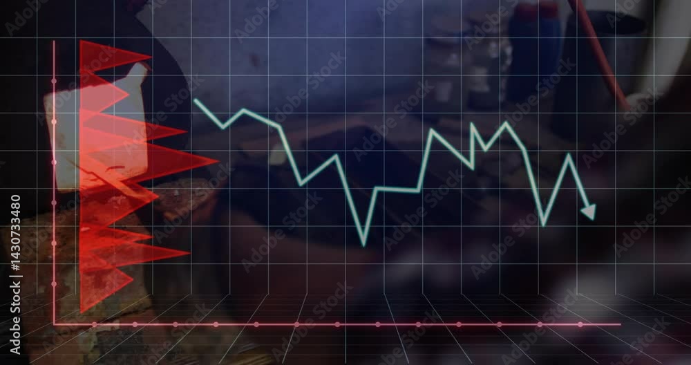 Aufkleber data visualization overlaying workshop grid, mixing finance line graph and bar chart with metalwork