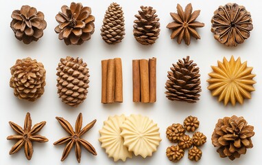 Fototapeta premium Natural elements like pinecones, star anise, cinnamon sticks and cookies arranged artfully on white