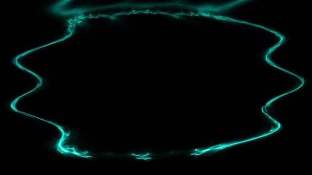 Round wavy oval colorful neon glowing celadon green frame, horizontal frame on black background. The effect of moving light. Blank space for your own content.