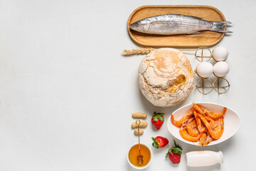 Different products on white background. Food Allergy Awareness Month