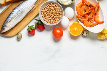 Different products on white background. Food Allergy Awareness Month