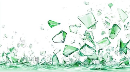 Shattered emerald green glass fragments impacting water