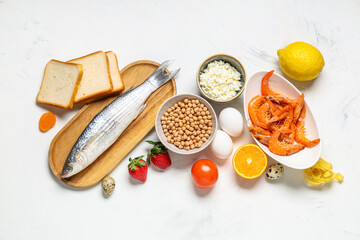 Different products on white background. Food Allergy Awareness Month