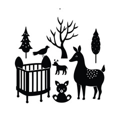deer with christmas tree.A serene silhouette of a nativity scene featuring deer and a Christmas tree under a starry night sky.christmas tree and two deer