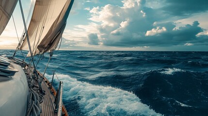 Fototapeta premium Sailing on ocean, with cloudy sky, boat's side in view, and foamy waves
