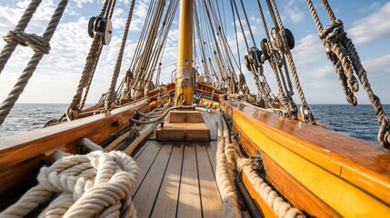 Obraz premium Wooden deck and rigging of a vintage sailboat